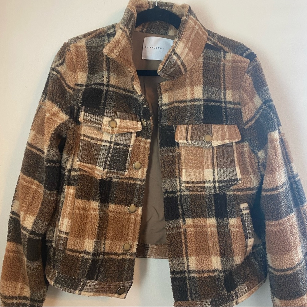 Brown, plaid, fluffy, warm jacket. Size S